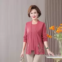 妈妈秋装上衣洋气减龄2023新款中老年人女薄款长袖绣花针织小衫