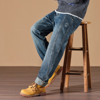 字母刺绣牛仔裤男潮流拼接宽松无弹长裤子简约透气直筒裤男士