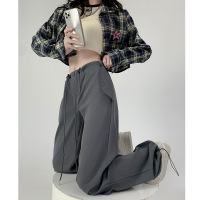 灰色工装裤女秋季裤子新款高腰宽松阔腿降落伞裤子美式休闲工装裤