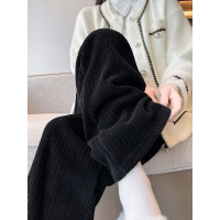 雪尼尔阔腿裤女高腰垂感春秋季2023新款黑色长裤休闲窄版直筒裤子