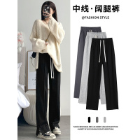 黑色运动裤女春秋款2023新款直筒宽松卫裤遛弯休闲窄版开叉阔腿裤