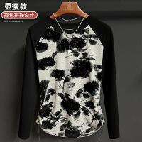 圆领修身长袖T恤女植绒玫瑰印花拼接女款时尚上衣春秋季2023新款