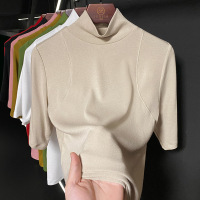 中袖T恤女高领上衣女士内搭打底衫秋季2023新款高品质莫代尔白色