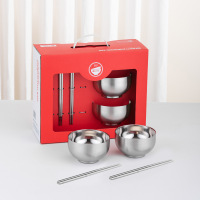 乐厨贺鲤 304不锈钢碗筷套装 (本色2碗2筷)