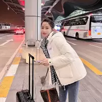 免洗亮面棉衣女短款2023新款棋盘格子羽绒棉服宽松小个子冬装棉袄