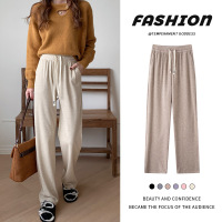 羊绒细条阔腿裤女2023秋季新款宽松窄版直筒休闲拖地长裤
