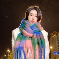 流苏格子女冬季围巾秋冬七彩虹拼色仿羊绒围脖马海毛加厚披肩