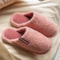 DREHA 情侣秋冬季室内保暖防滑厚底鞋 毛毛拖鞋 40-41(适合39-40的脚穿 )粉色