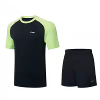 李宁(LI-NING)运动套装AATT003男女同款比赛训练短袖套装黑色/黑色S码