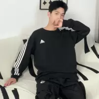 阿迪达斯(adidas)卫衣男 2023秋季新款运动休闲服纯棉透气黑色经典款圆领针织衫 IC9317/内里毛圈 S