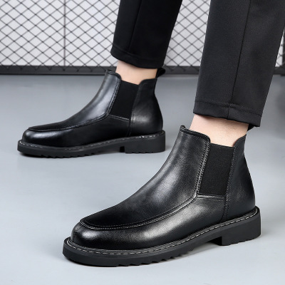 秋冬季新款黑色马丁靴真皮中筒切尔西靴高级短靴子男休闲皮靴