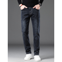 潮男牛仔裤秋冬新款修身直筒裤男士潮流弹力厚款休闲裤