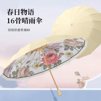新款三折16骨手开彩胶铝合金骨架晴雨伞实木手柄遮阳伞防晒太阳伞 16骨彩胶遮阳伞粉药勺