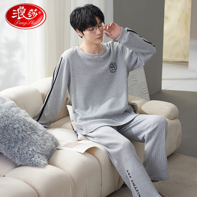 浪莎(LangSha)男士睡衣男纯棉春秋冬季圆领套头家居服套装宽松大码可外穿两件套 简约字母 XL