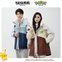 鸭鸭羽绒服女2023新款鸭鸭冬季宝可梦男女情侣撞色立领连帽休闲