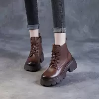 真皮厚底马丁靴女秋冬季加绒新款增高靴子粗高跟小个子短靴