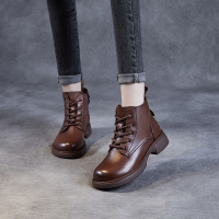 真皮马丁靴女平底秋冬季英伦风复古圆头粗跟高帮休闲软皮短靴