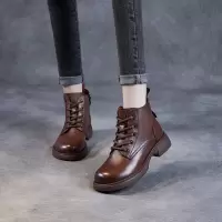真皮马丁靴女平底秋冬季英伦风复古圆头粗跟高帮休闲软皮短靴