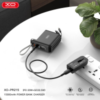 XO-PR215 墙插充电宝 充头数据线一体移动电源 自带苹果/TYPE-C线(配欧规转换插脚) 15000mAh