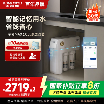 史密斯净水器家用整机保5年 3:1高水效专利MAX3.0反渗透滤芯1.6升/分钟厨下式直饮净水机R1600HWi-E