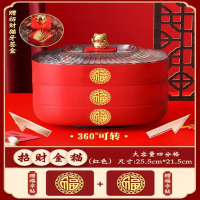 2022新款糖果盘收纳盒过年干果盘 加厚三层[圆盘金猫] 五分格-送烫金贴纸