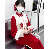 新中式国风改良旗袍女冬季 红色连衣裙马甲两件套装