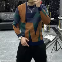 秋冬季男款拼色毛衫圆领套头内搭长袖毛衣男士打底衫潮