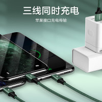 品胜 数据线三合一100W超级快充66W一拖三充电器线6A5A适用苹果iPhone14/13/12华为小米Type-c安卓车载 暗绿色1.2米[苹果+安卓+type-c]3A快充