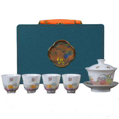 銮源丰S-004描金羊脂玉 茶具小套装(配盖碗)