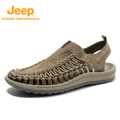 Jeep吉普真皮凉鞋户外凉鞋男透气防滑沙滩鞋露营徒步鞋时尚编织漂流鞋