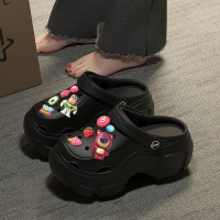 草莓熊洞洞鞋女款外穿新款防滑沙滩松糕厚底增高凉鞋女士黑色