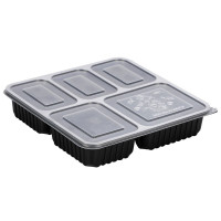 一次性餐盒方形打包盒M528黑底透明盖1500ML 五格200套/箱