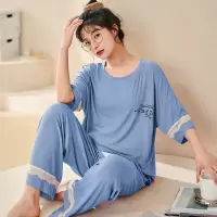 女士睡衣莫代尔短袖长裤圆领夏季夏款大码薄款家居服可外穿套装女_52506