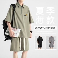 冰丝短袖t恤男士夏季潮牌宽松POLO衫衣服夏装两件套休闲运动套装