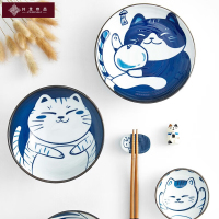 共禾京品 日式手绘餐盘汤碗可爱儿童饭碗高颜值碗盘碟学生一人食餐具套装 御宅独角戏6件套-猫咪