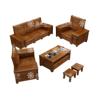 鑫星奈XXN4022941 香樟木实木沙发组合新中式冬夏两用沙发 1+1+3+茶几+凳子组合