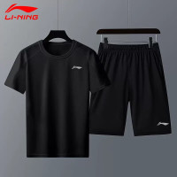 李宁 运动套装男夏季短袖短裤速干跑步运动服 黑
