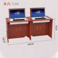 质凡木质翻转电脑桌 隐藏式桌面手动翻转 液晶显示屏翻转桌 两人位