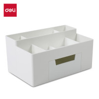 得力(deli)多功能桌面收纳盒化妆盒 带抽屉组合式笔筒票据储物盒 白色 8914