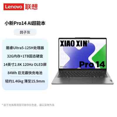 联想(Lenovo)小新Pro AI超能本14英寸轻薄笔记本电脑(Ultra5-125H 32G 1T 2.8K 120Hz OLED)
