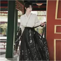 HD 原创新中式织金马面裙男款汉服古装交领中国风书生套装明制表演服 提花上衣+黑色织金马面裙XL