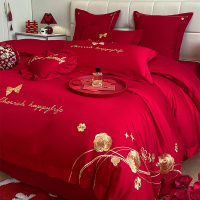 星月居 结婚床上四件套婚庆纯棉全棉新婚大红色床单被套婚嫁床品 适合2m床 适合220*240cm被芯