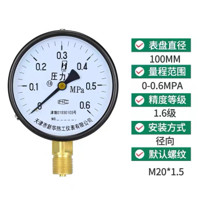 压力表y100水压表气压径向0-1.6mpa正负压真空压力表 Y-100(0-0.6mpa)6公斤