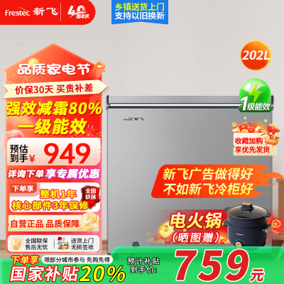 新飞202升冷柜低霜-26度深冷冻冷藏转换一级能效家用冷柜 202L 单温冷柜 BC/BD-202KAT/L 远峰灰