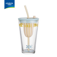 乐唯诗 玻璃吸管水杯女生新款高颜值便携茶水分离泡果茶奶茶冷饮杯子 乐果吸管杯[蓝色]450ml