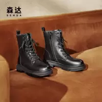 森达马丁靴女款冬时尚机车风中筒皮靴XEC01DZ4