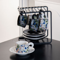 SUCCOHOMEWARE小清新花卉复古风混色六杯碟勺(黑U架)(单位:组)