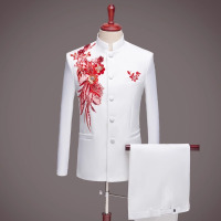 中山装大合唱演出服青年亮片成人男士舞台表演服装 白色肩上贴红花