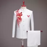 中山装大合唱演出服青年亮片成人男士舞台表演服装 白色肩上贴红花