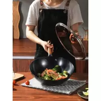 欧美达(omuDa)铁锅炒锅家用真不锈无涂层铁锅炒菜锅传统老式铁锅 (LKG32-4)含蒸屉 锅盖 锅铲